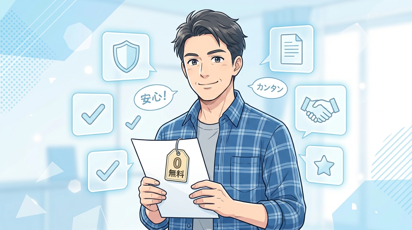 手数料無料・安心で簡単な見積もりサービスを示す無料タグ付きの書類を持つイラスト
