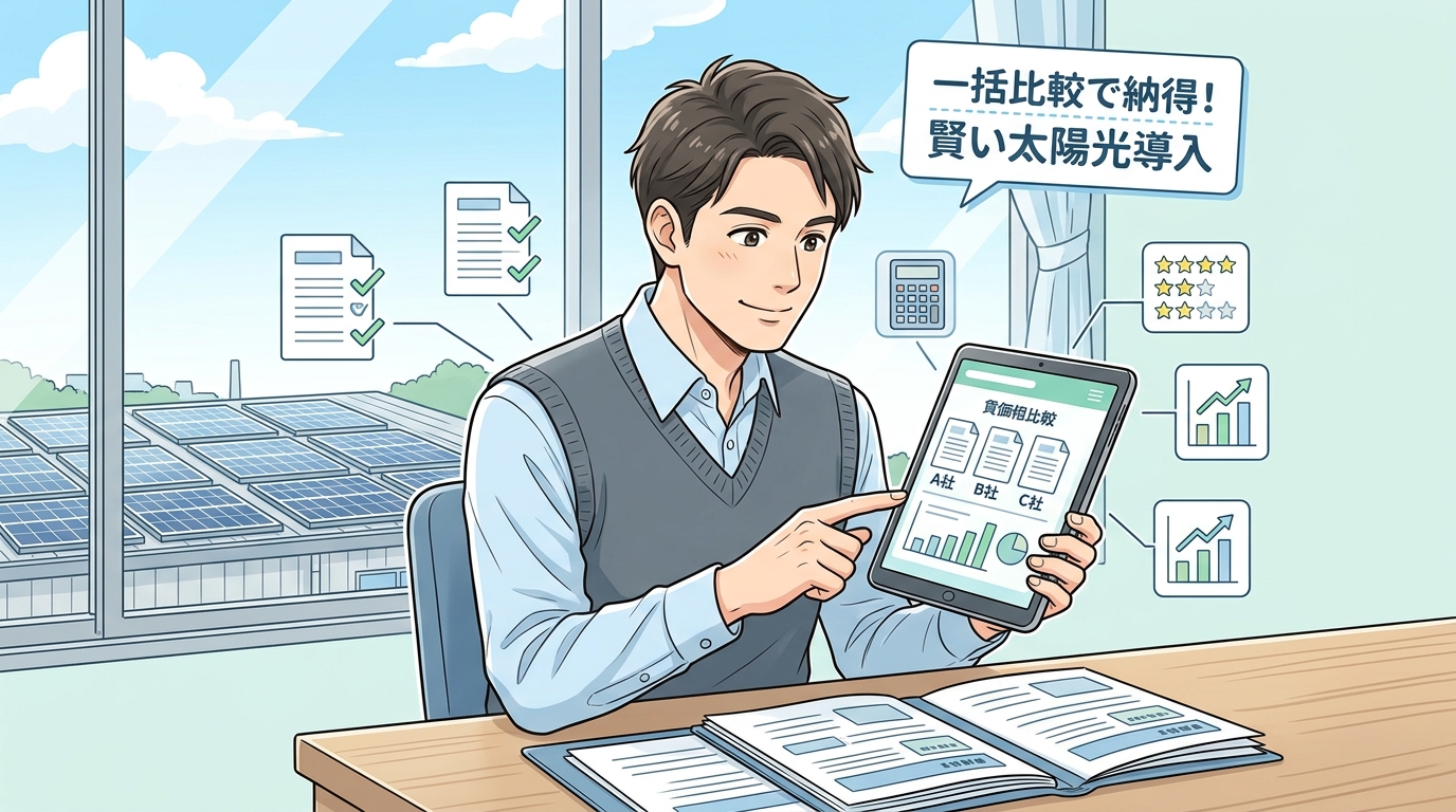 太陽光発電の一括見積もり比較をタブレットで確認し、賢い太陽光導入を検討する様子