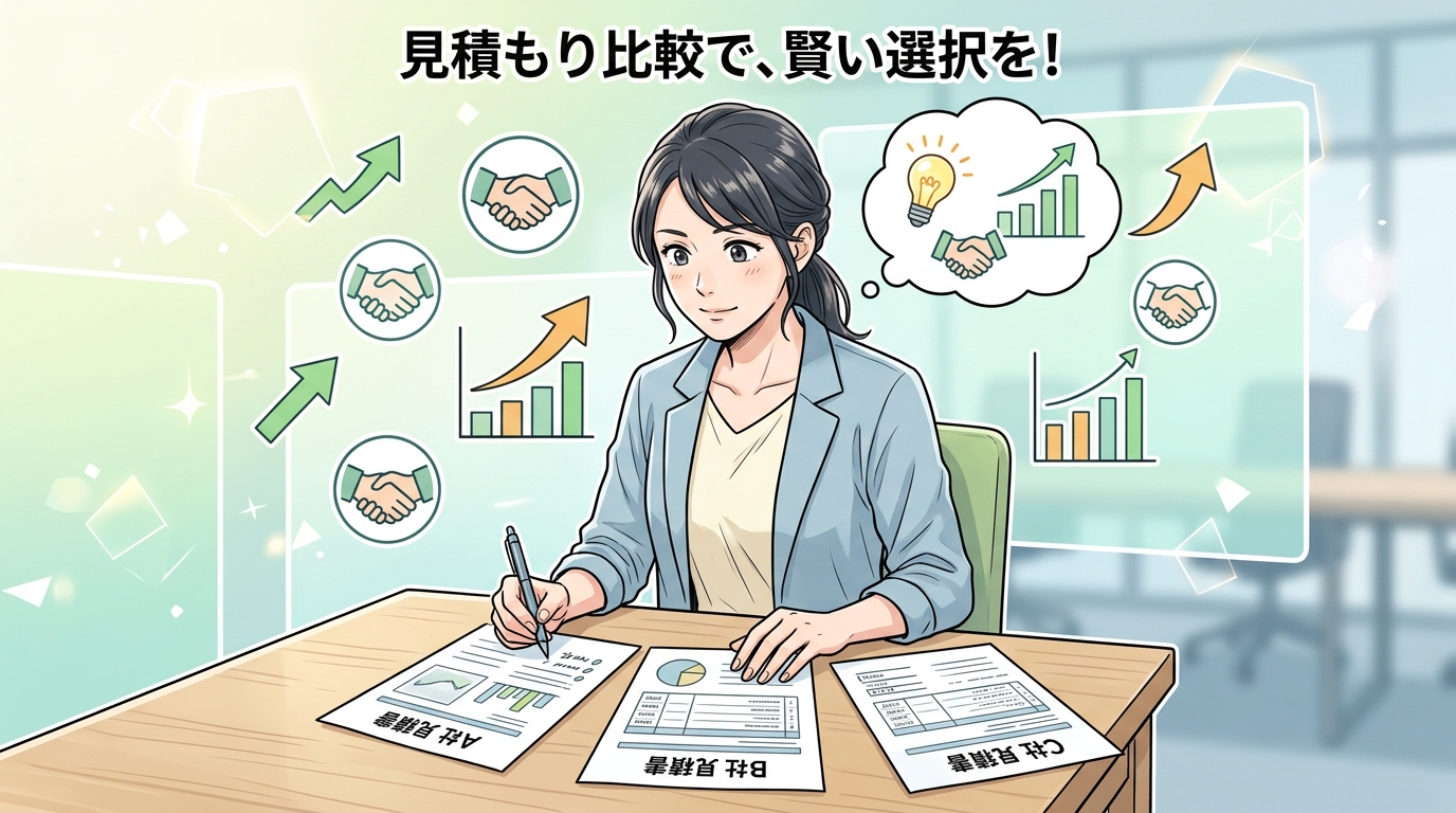複数社から届いた見積書を見比べることで、賢い選択や価格交渉を行うビジネスパーソンのイメージ