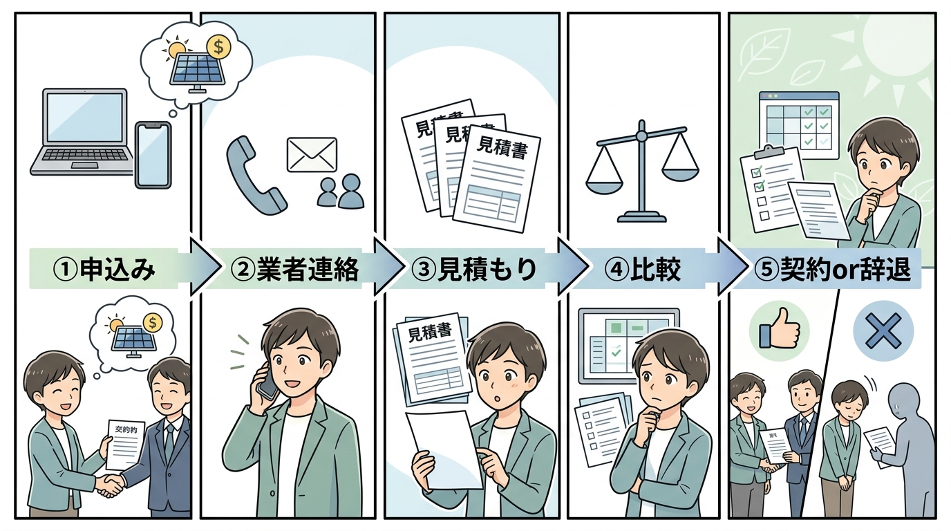 タイナビNEXTの見積もり申し込みから契約・辞退までの5つのステップを表すプロセス図