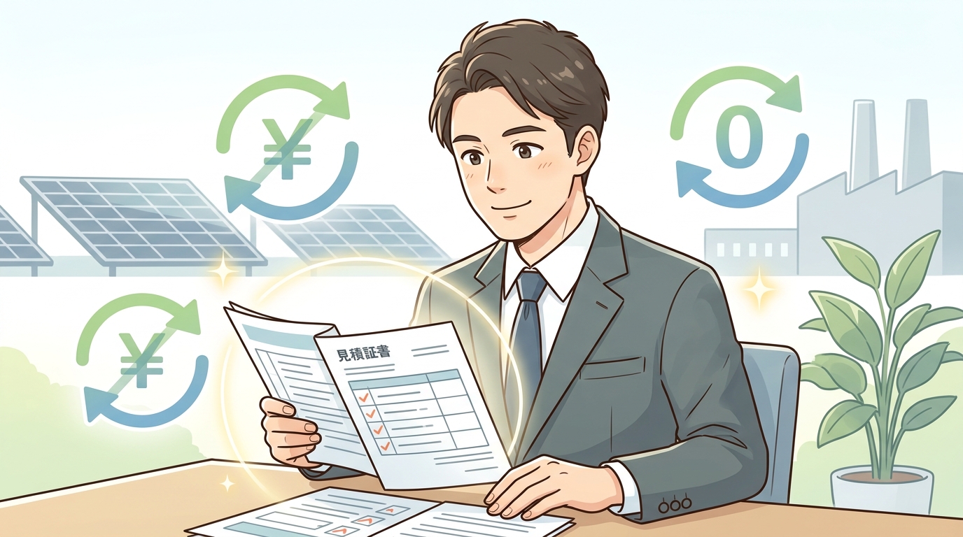 見積もり提案書を満足そうに眺めるビジネスパーソンと無料（0円）を示すアイコンのイメージ