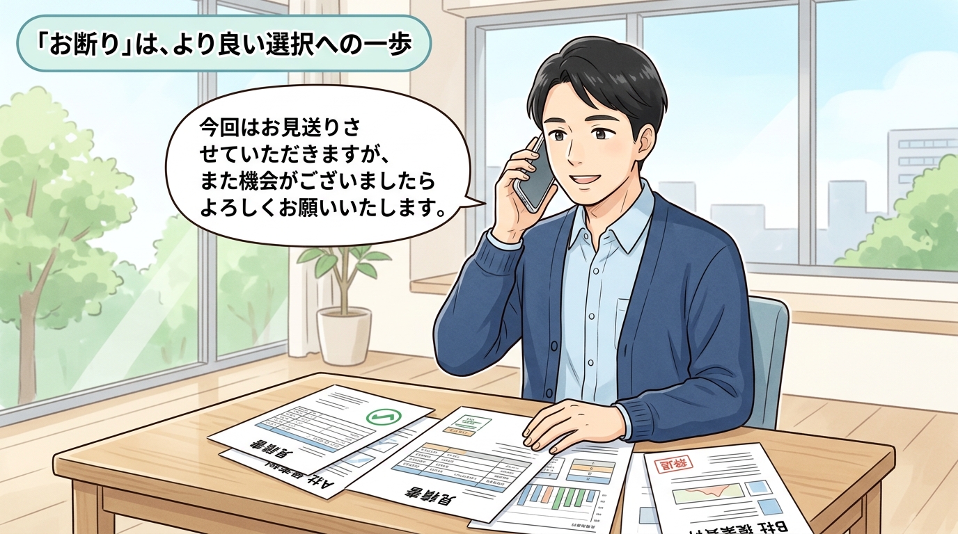 穏やかで丁寧に見積もり後の辞退の連絡をスマートフォンで行うビジネスパーソンのイラスト