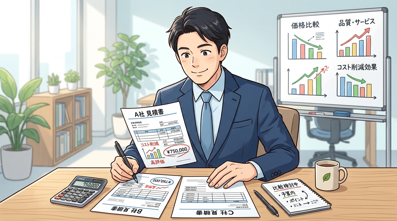 複数の施工業者から届いた見積書を電卓やグラフを用いて念入りに比較・精査するビジネスパーソン